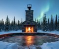 Outdoor stone fireplace burning in a snowy Alberta backyard at twilight, viewed from a low angle showing a metal chimney cap and spark arrestor, with a cleared stone safety radius and snow-dusted evergreens under faint northern lights.
