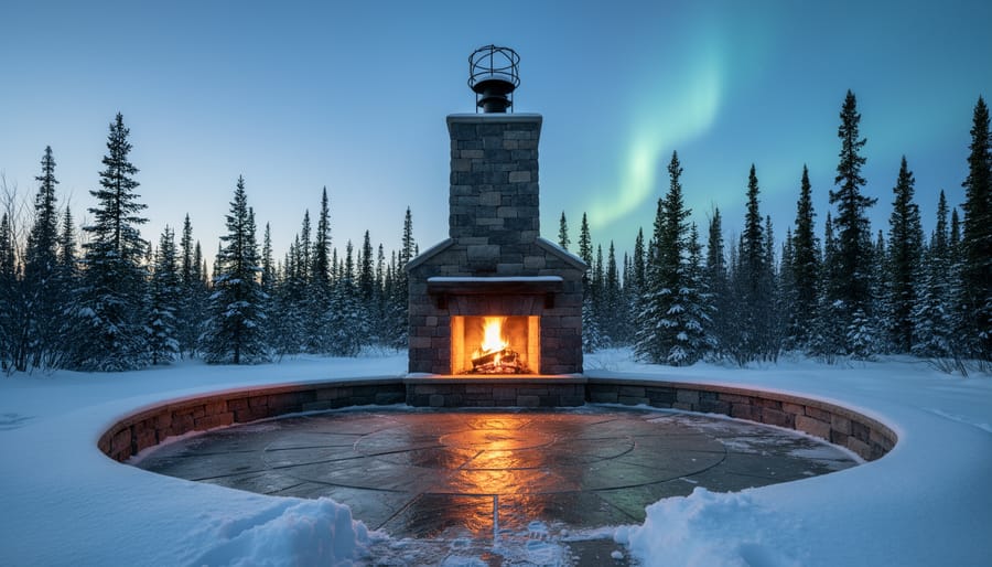 Outdoor stone fireplace burning in a snowy Alberta backyard at twilight, viewed from a low angle showing a metal chimney cap and spark arrestor, with a cleared stone safety radius and snow-dusted evergreens under faint northern lights.