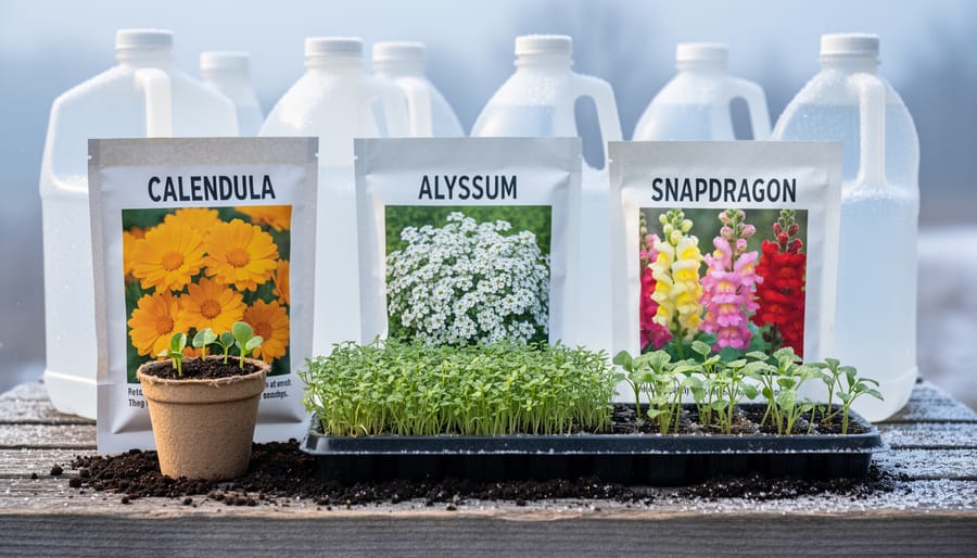 Assortment of flower seed packets and winter sowing supplies arranged on wooden table