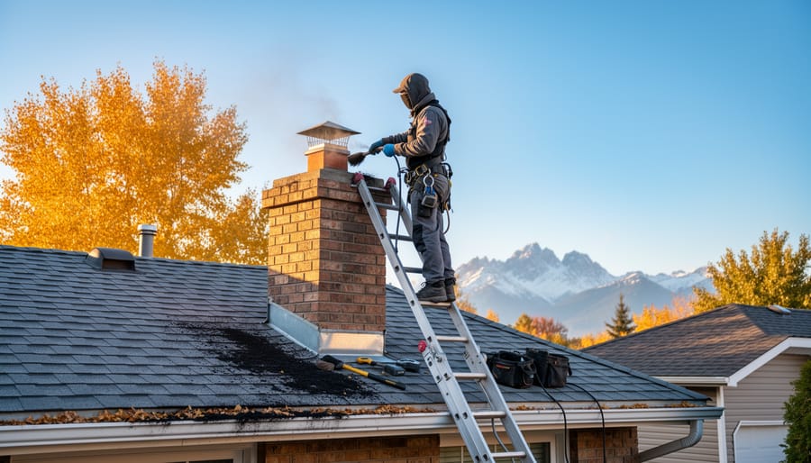 Close-up of chimney brush cleaning creosote from outdoor fireplace chimney