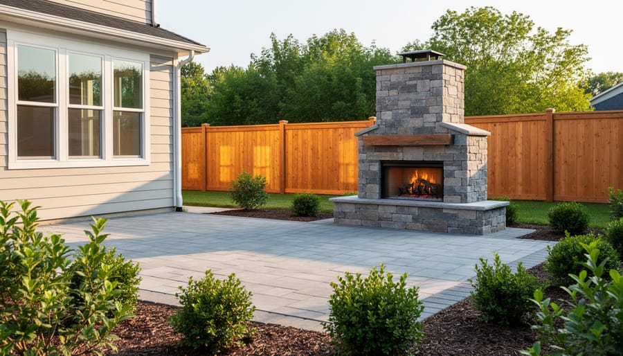 Aerial view of outdoor fireplace with safe clearance distances from garden structures and plants