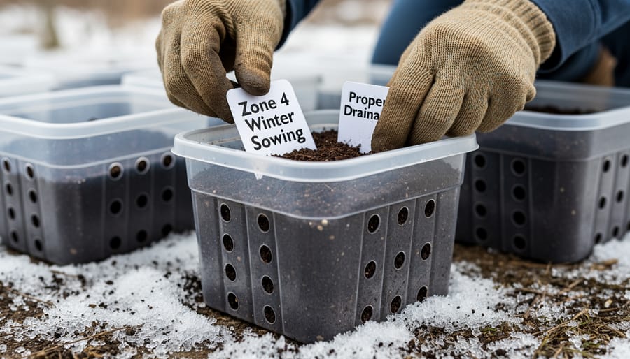Gardener's hands cutting ventilation holes in plastic container for winter sowing