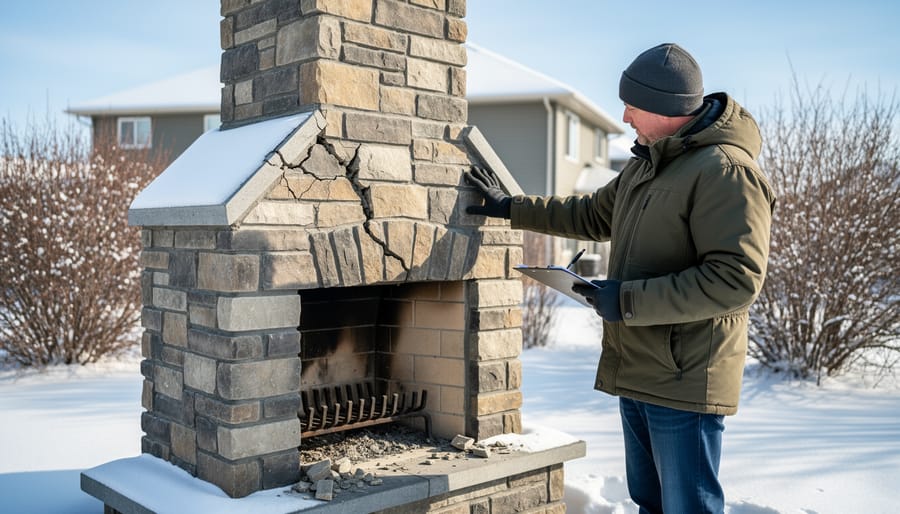 Snow-covered outdoor stone fireplace showing frost damage in winter Alberta garden