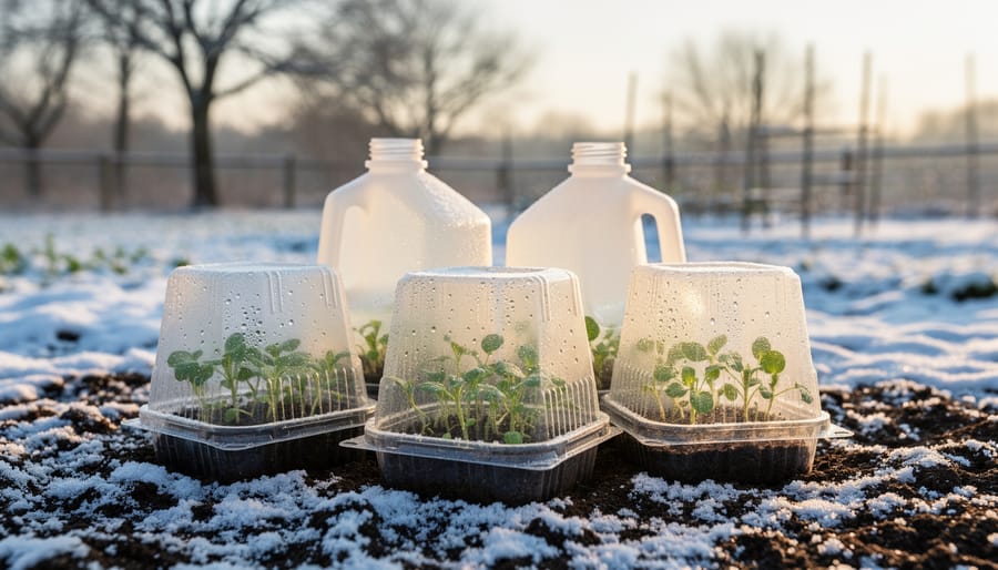 Close-up of recycled milk jugs and clear clamshell containers used for winter sowing on a snow-dusted garden bed, with condensation on the plastic and small green seedlings inside, lit by late-winter sun, blurred bare trees and fence in background.