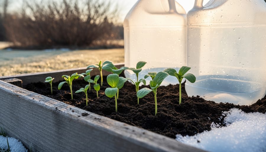 Tiny seedlings sprouting in winter sowing container with condensation visible on plastic walls