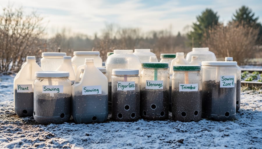 Clear plastic containers for winter sowing sitting on snow-covered ground in winter garden