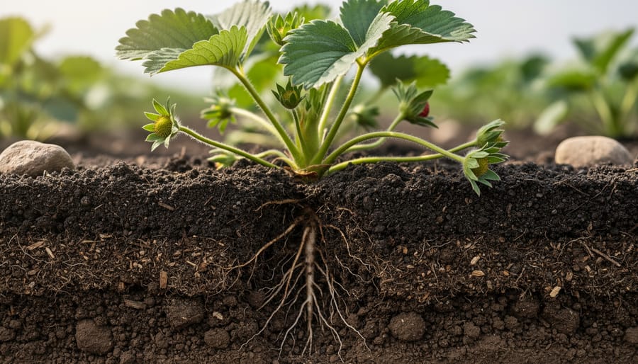 Close-up of compost-amended soil with visible roots in a strawberry growing area