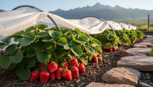 Ripe red strawberries growing in a Colorado garden patch with row cover hoops visible nearby for frost protection.