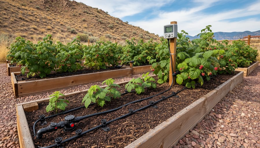 Raised garden beds with dark amended soil and a drip irrigation line beside raspberry plants
