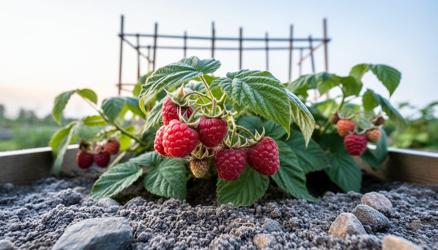 Ripe red raspberries growing on canes tied to a trellis in a garden bed, with dry soil and cool morning light in the background.