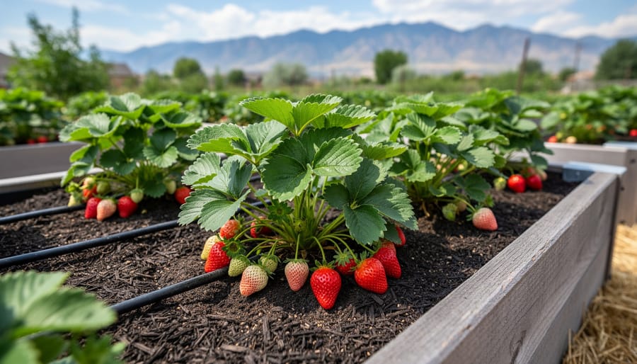 Ripe red strawberries growing in a mulched raised bed with green leaves beside a gardener