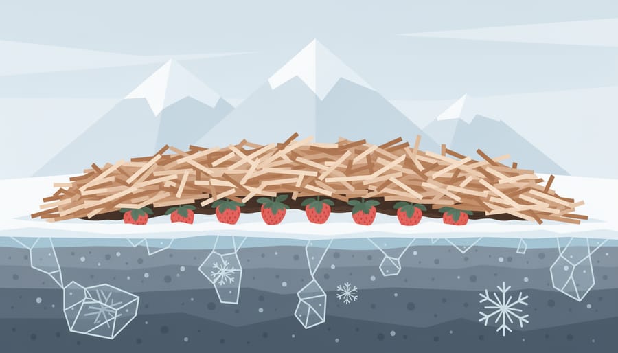 Straw mulch covering dormant strawberry plants for winter protection