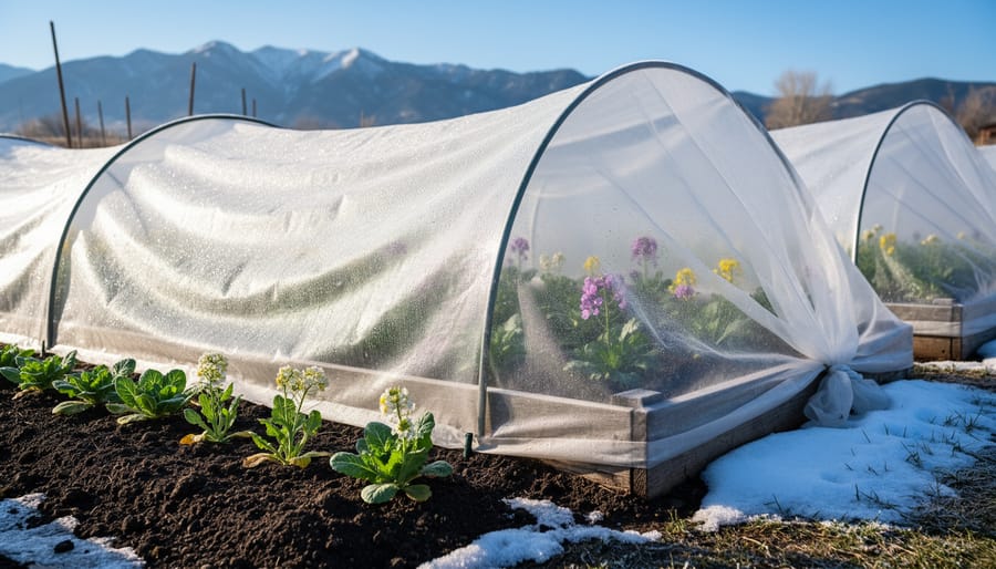 Strawberry plants under translucent row cover in a chilly spring garden