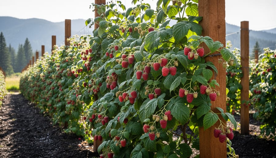 Raspberry canes with ripe red berries growing on a trellis in a garden setting under a cloudy sky