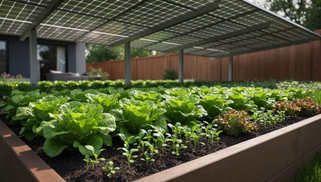 Lettuce growing in raised beds under elevated solar panels, with dappled shade falling on the soil in a backyard garden.