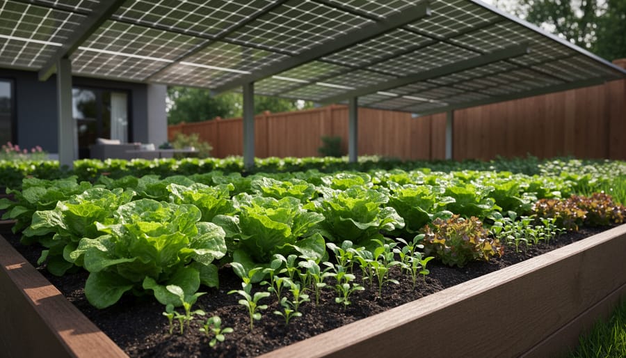 Lettuce growing in raised beds under elevated solar panels, with dappled shade falling on the soil in a backyard garden.