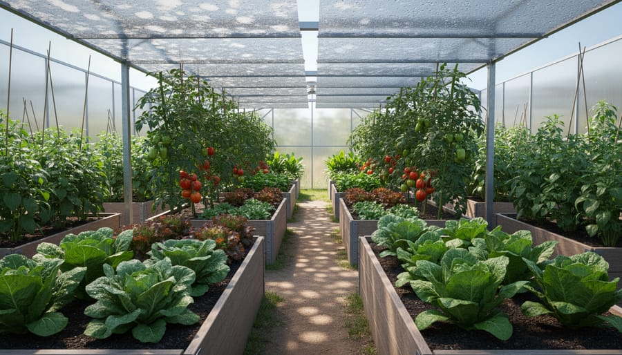 Close-up of vegetable leaves receiving dappled light in partial shade beneath solar panels