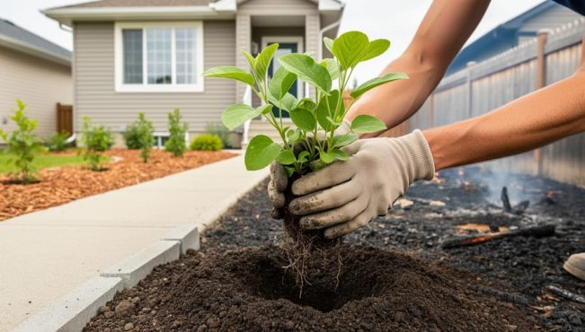 Gloved hands planting hardy native seedlings in freshly turned soil beside garden edging on a fire-damaged residential property exterior.