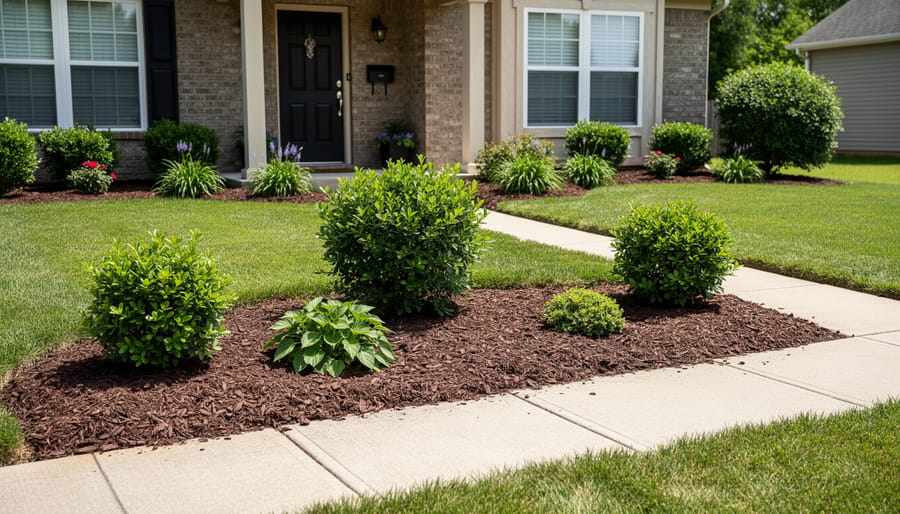 Front yard after fire damage showing cleaned soil areas, fresh mulch beds, and hardy green shrubs