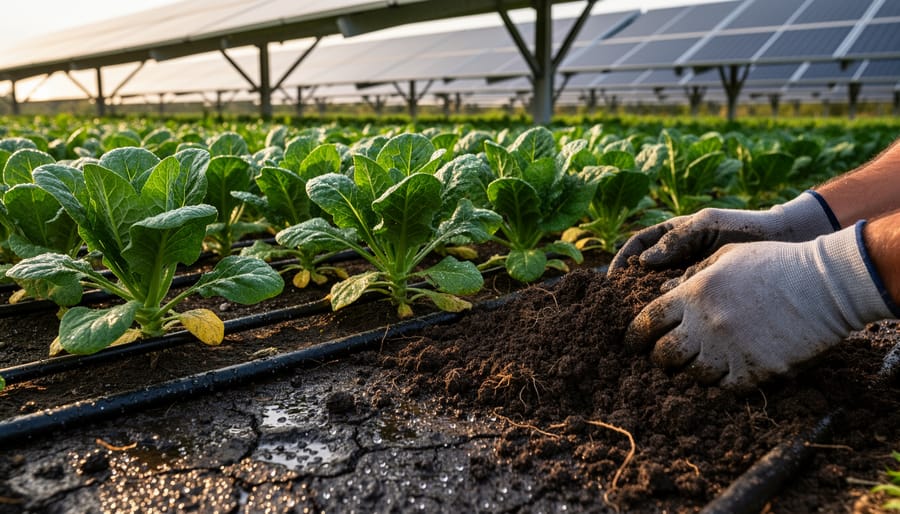 Gardener’s hands holding moist soil with visible roots near a raised garden bed under solar panel supports
