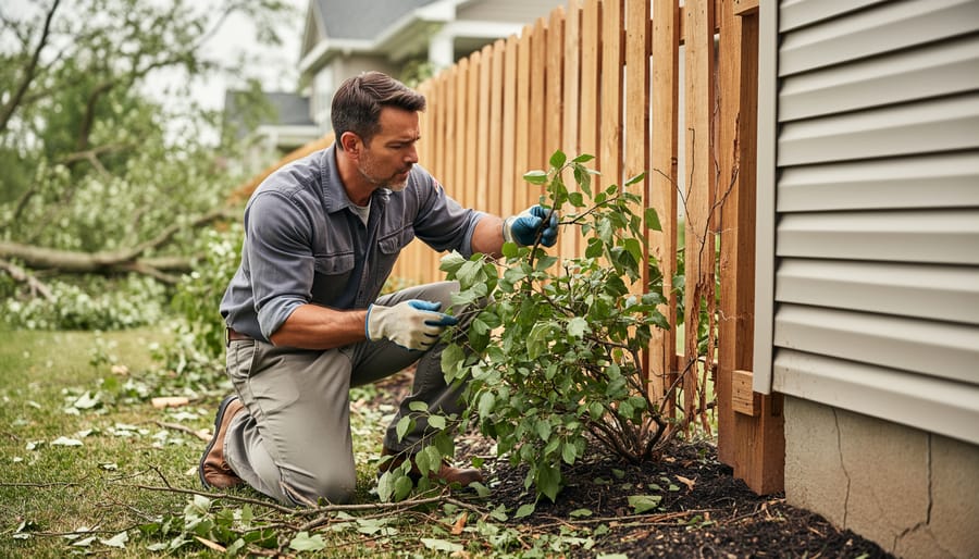 Gloved homeowner inspecting a fire-damaged tree trunk and damaged fence line in a residential yard