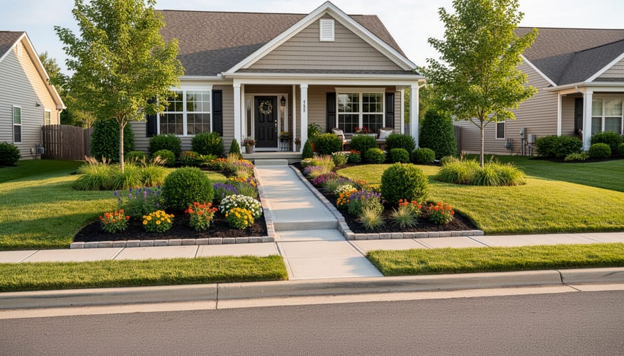 Hands placing potted hardy perennials into fresh mulch beds near a walkway on a restored property
