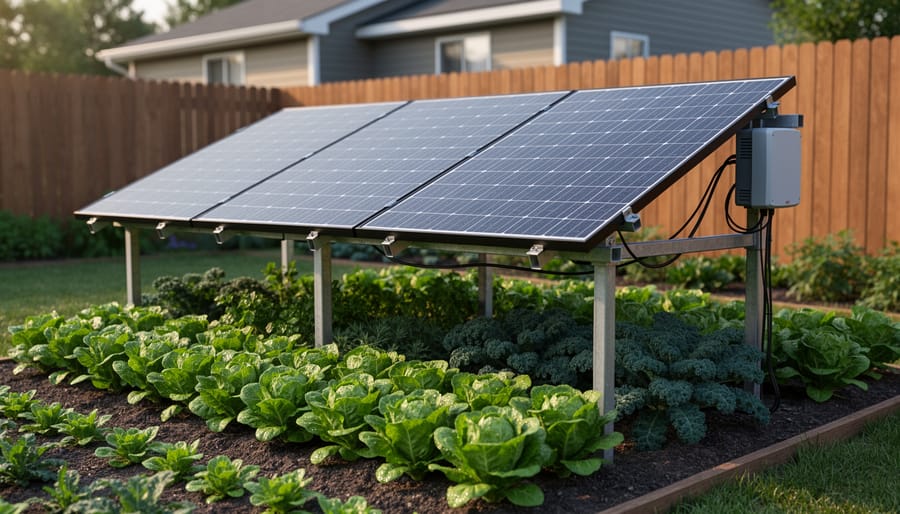 Leafy green plants growing under small solar panels in a home garden with a blurred shed in the background
