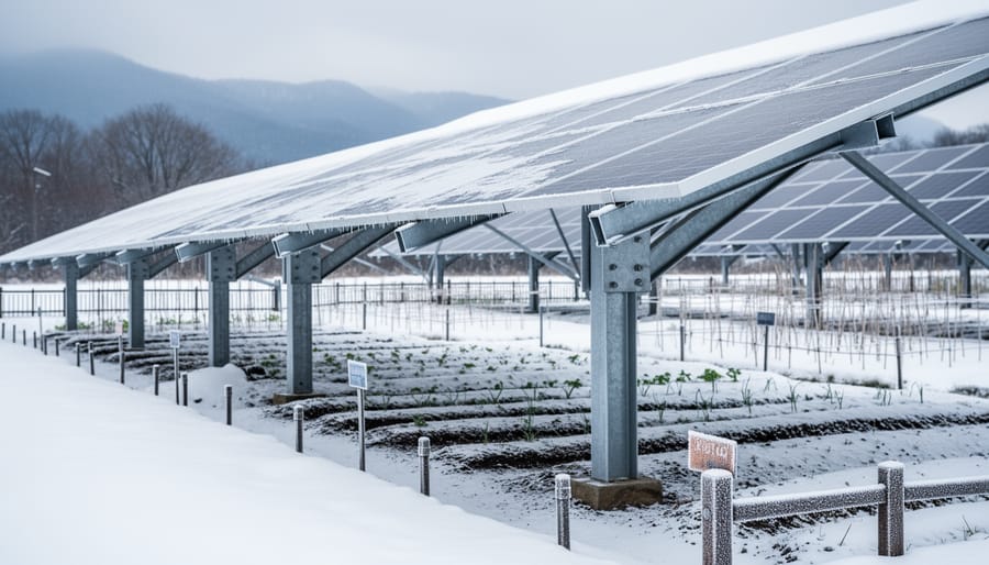Snow-dusted solar panels above an overwintering garden bed with hardy plants beneath