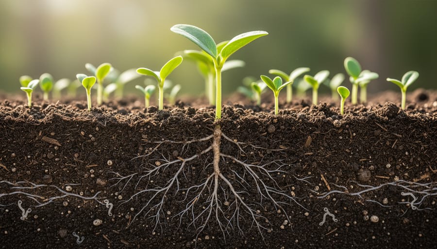 Macro view of dark soil with visible fine roots and small seedlings emerging.