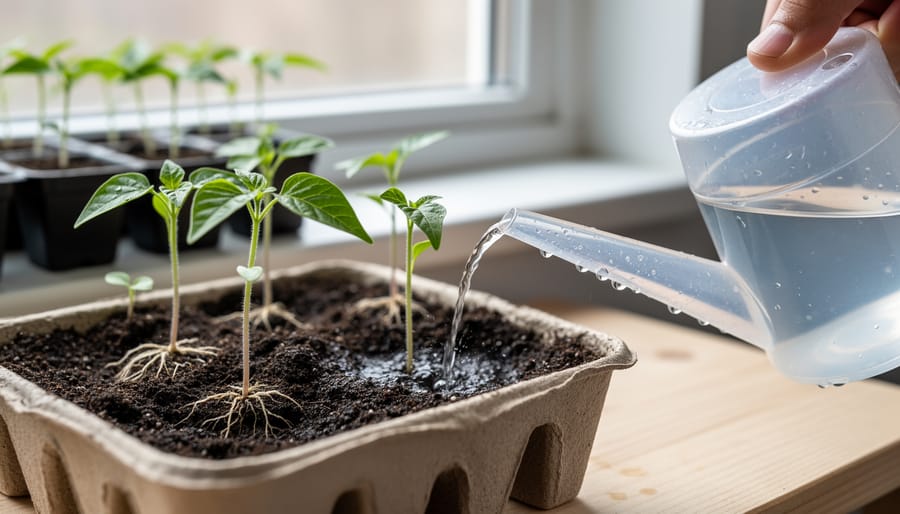 Gardener’s hands watering young chili seedlings in trays at an indoor bench