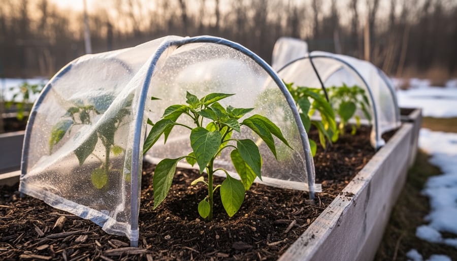 Young chili plants outdoors protected with row cover or microclimate setup in a raised bed