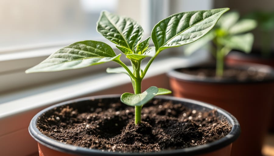 Young chili plant seedling in a small pot near a window, with other seedlings and grow lights softly blurred in the background
