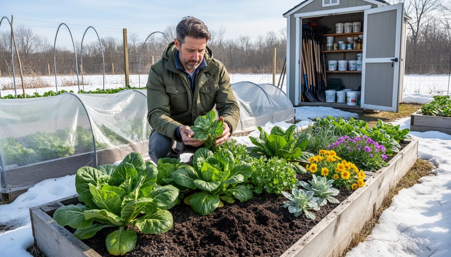 A Zone 3 gardener kneels in a mulched vegetable bed holding gardening tools beside healthy leafy plants.