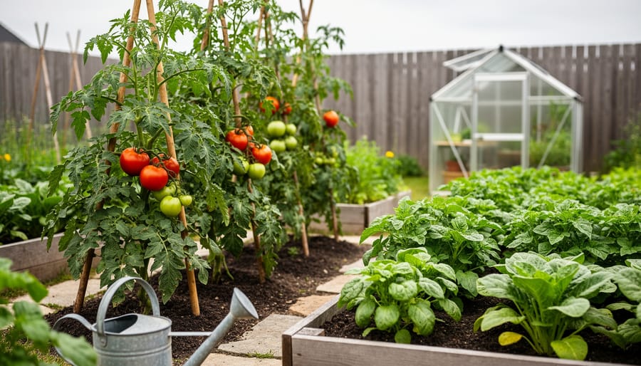 Healthy tomato plants growing in a Zone 3 backyard raised-bed garden with a watering can and soil texture visible.