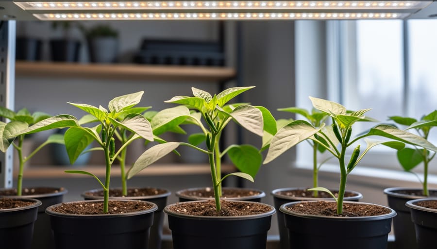 Healthy young chili pepper seedlings in small pots under a grow light, with dark-green leaves and sturdy stems in sharp focus.