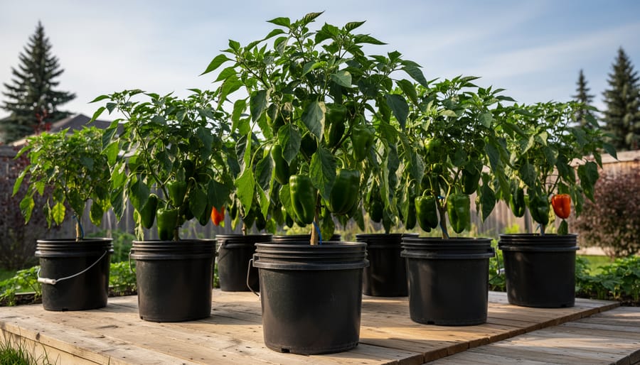 Green pepper plant in a five-gallon bucket with small peppers beginning to form.