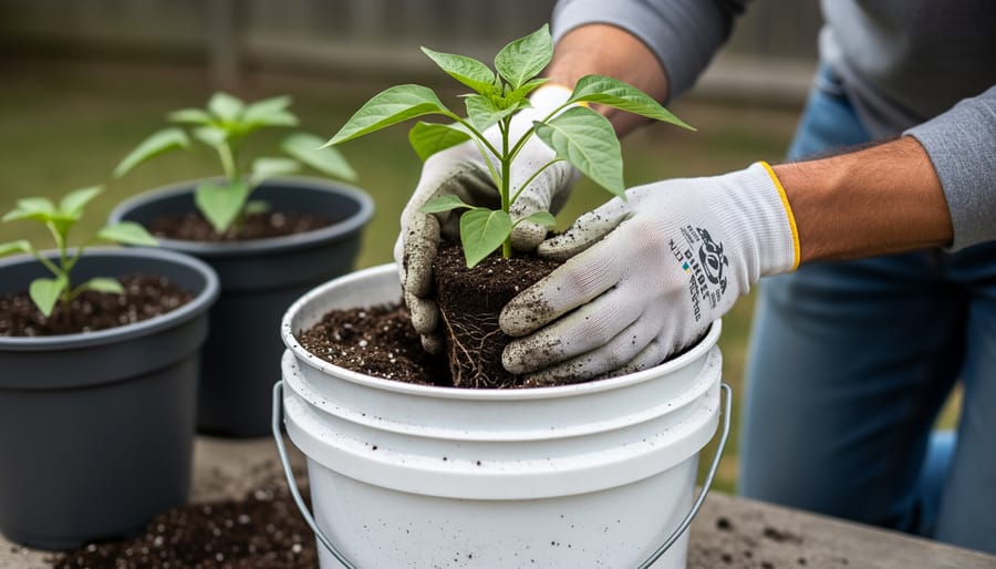 Gardener planting a pepper seedling into a five-gallon bucket with potting mix.