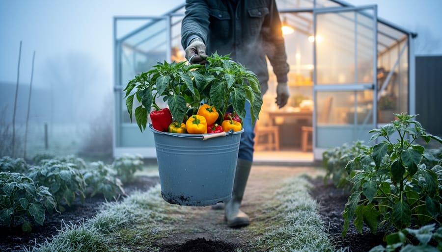 Pepper bucket moved indoors for frost protection with leaves illuminated by warm window light.