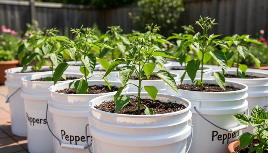 Small pepper seedlings growing in multiple five-gallon buckets on a sunny patio.