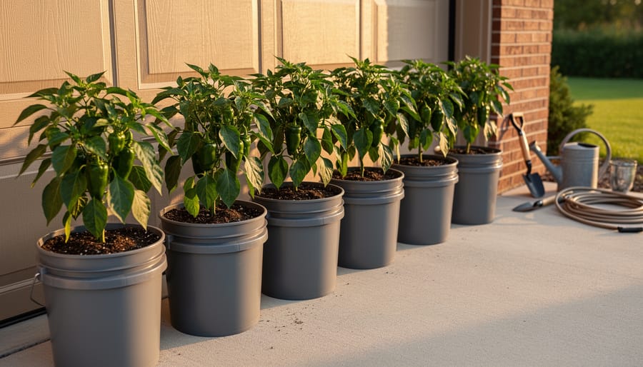 “Green pepper plants growing in 5-gallon buckets lined along a south-facing garage wall in warm sunlight.”